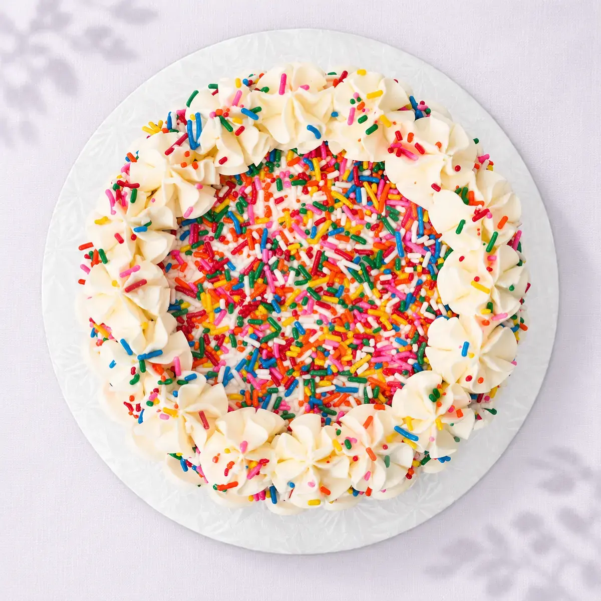 Rainbow signature cake photographed from above