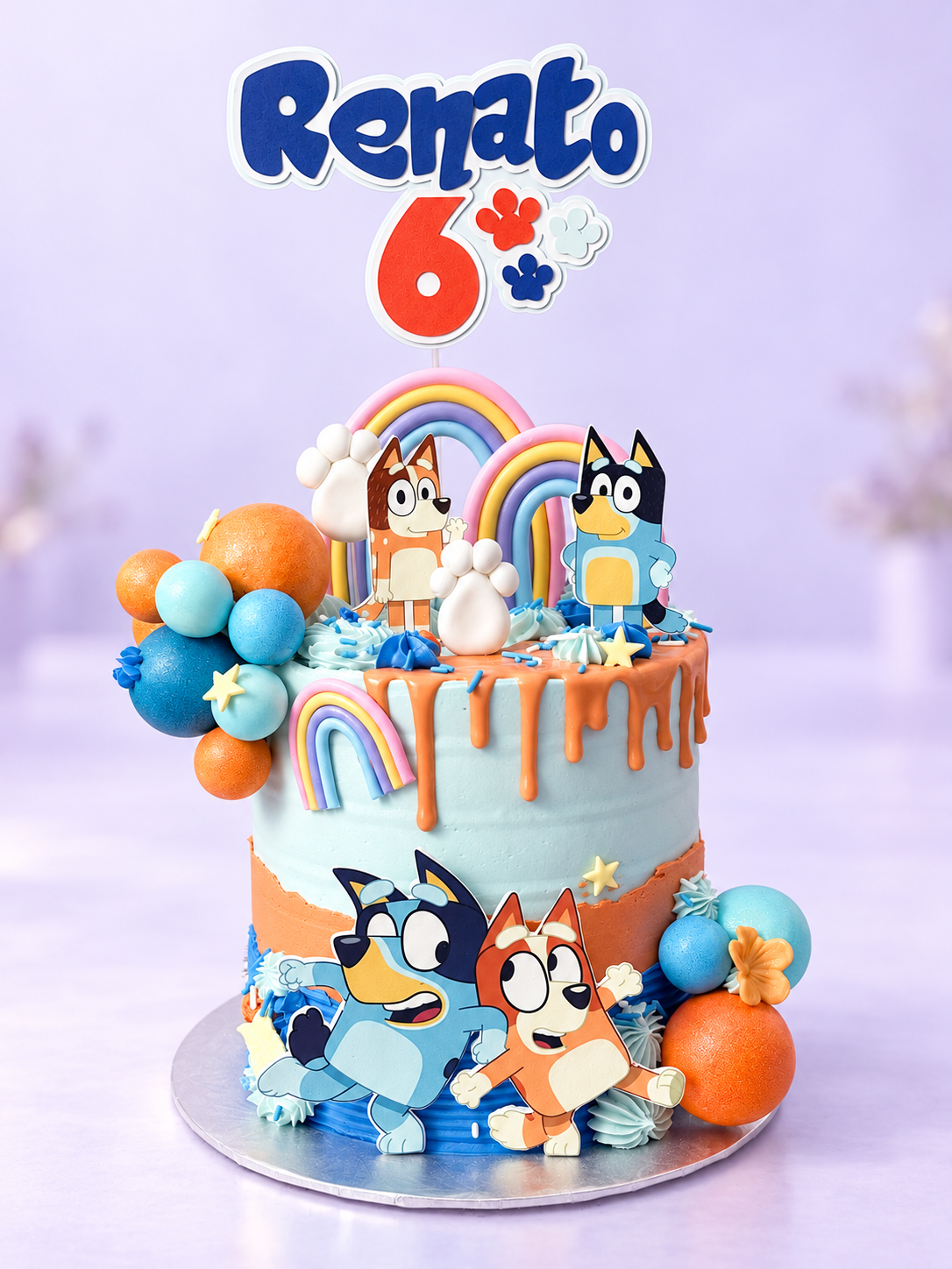 Bluey-themed sixth birthday cake with orange and blue decorations