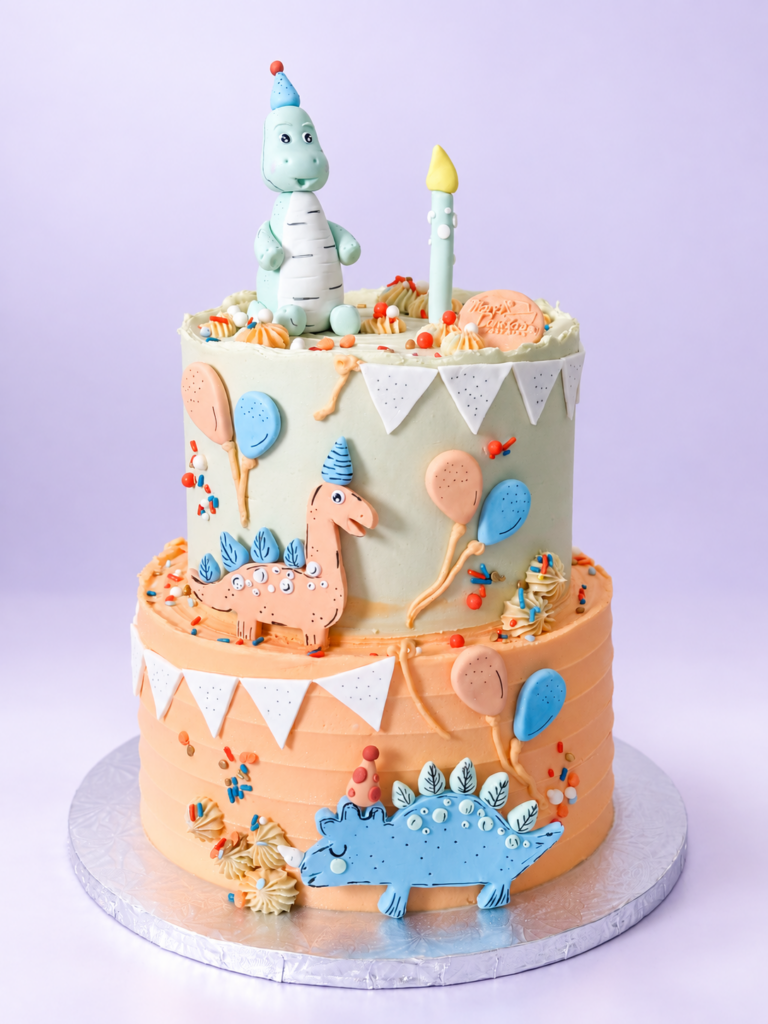 Two-tier dinosaur birthday cake in peach, blue and cream