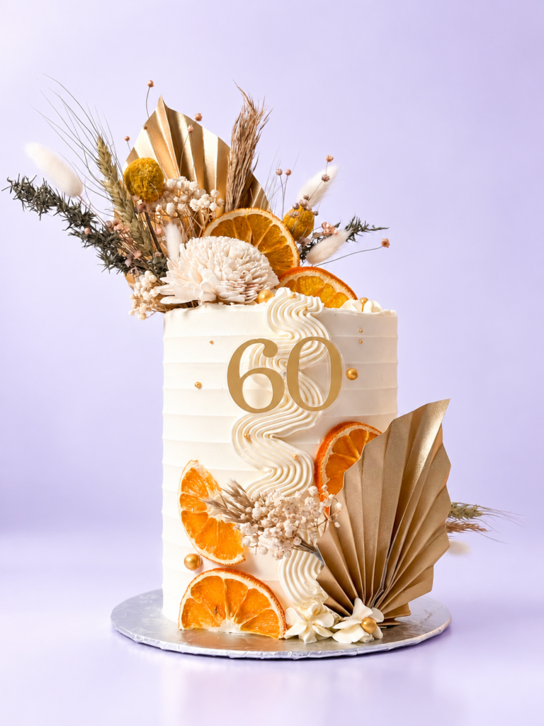 Elegant 60th birthday cake with dried flowers and orange accents